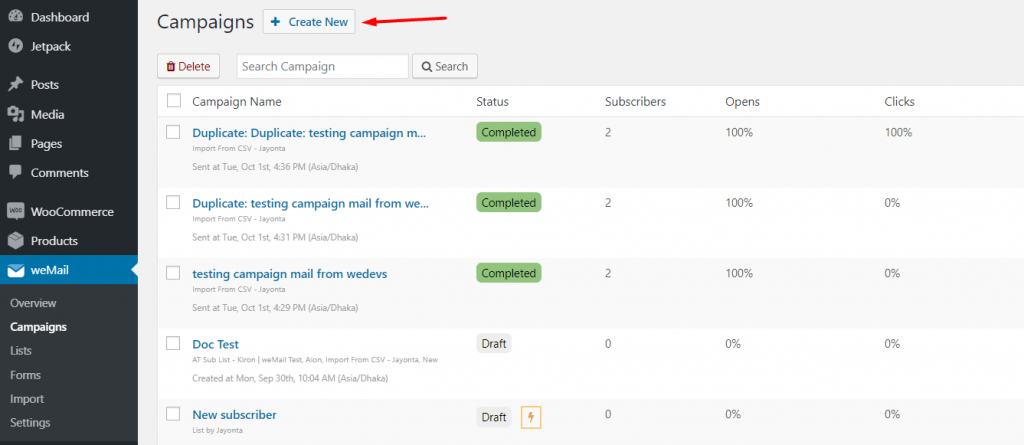 This image shows how to create a new email campaign using weMail 