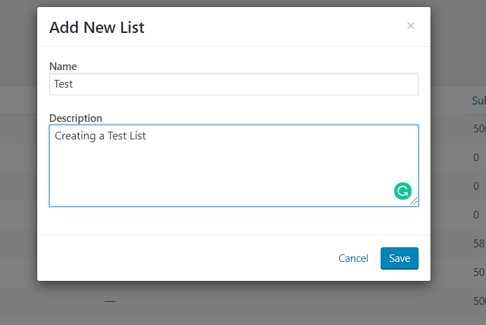 This image shows the Name and Description field when creating a new list using the weMail plugin.