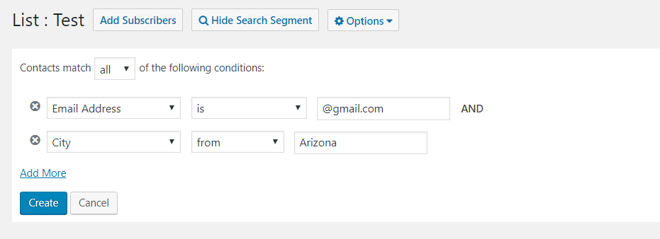 variety of fields to choose from to segment your email list