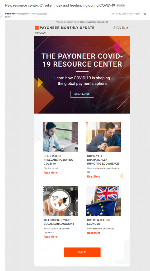 payoneer email marketing example