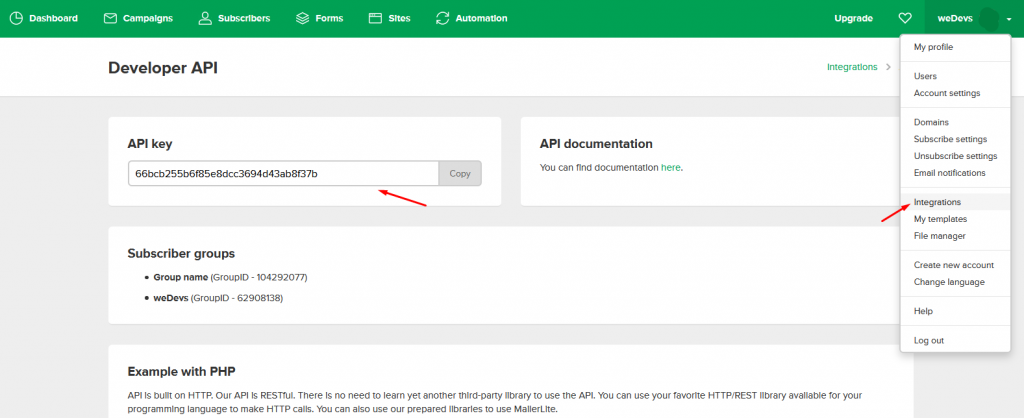 Copying API keys