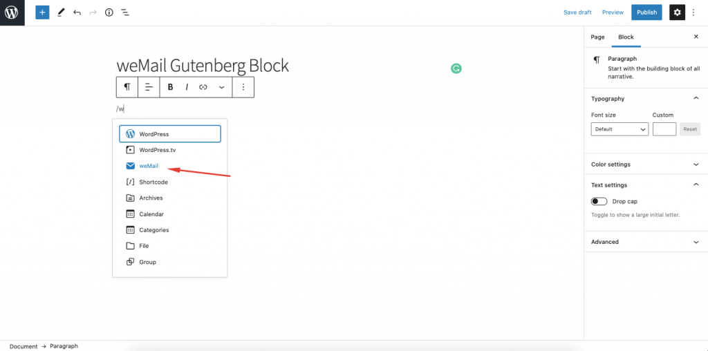 weMail Gutenberg Block