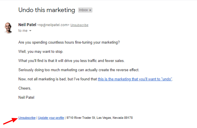 Neil Patel allow users unsubscribe his email