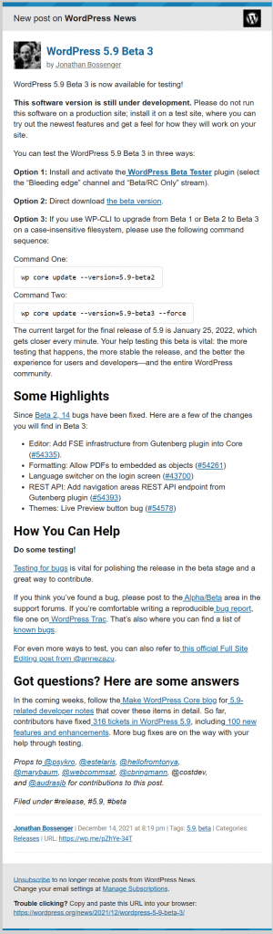 WordPress 5.9 Beta 3 Product Launch Emails