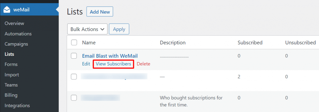 Add subscriber in email list