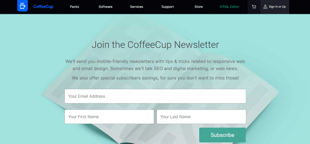 Newsletter Landing Page of CoffeeCup