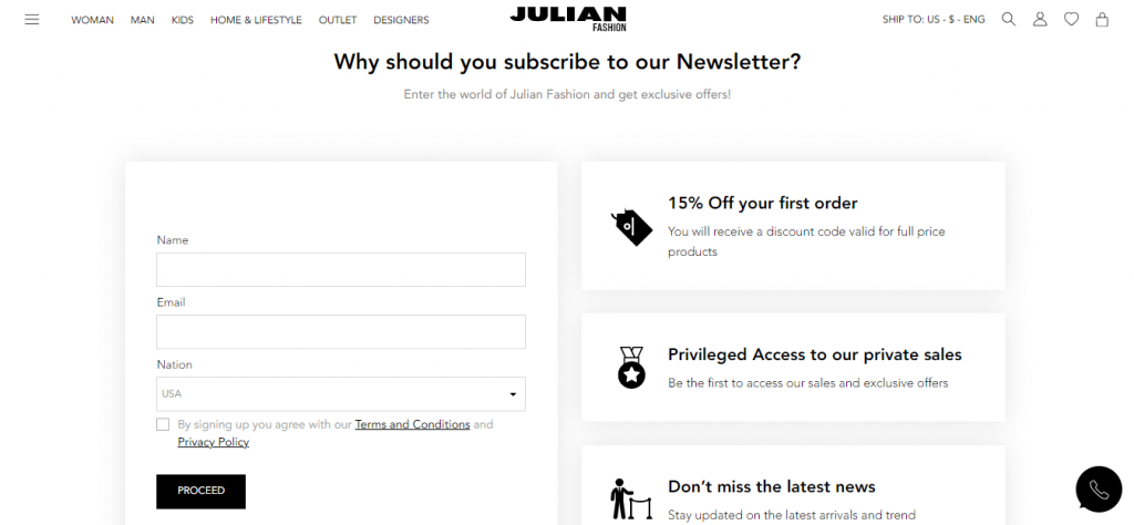 Newsletter Landing Page of Julian Fashion