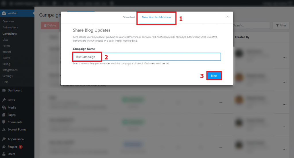 The Process to Create a New Post Notification Campaign on weMail