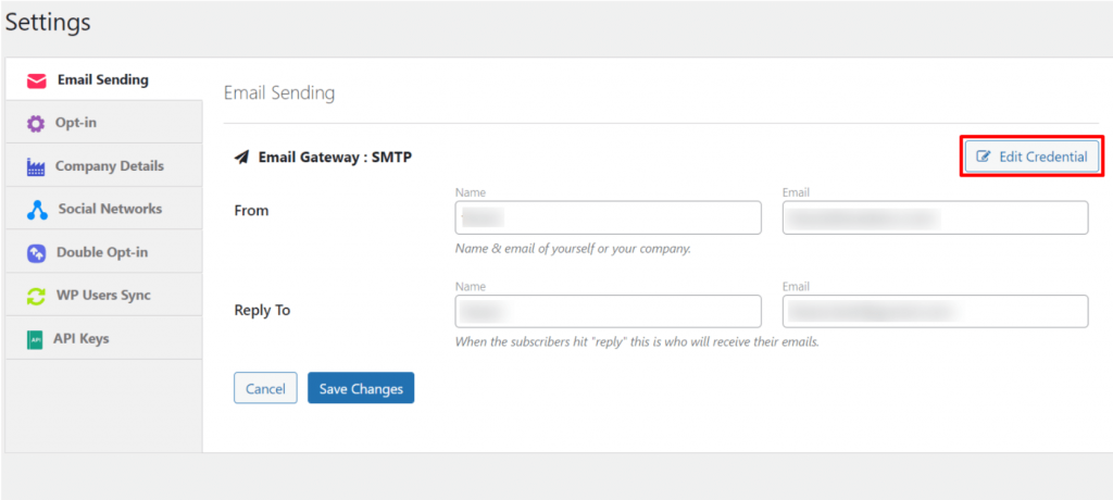 Edit SMTP credentials for weMail