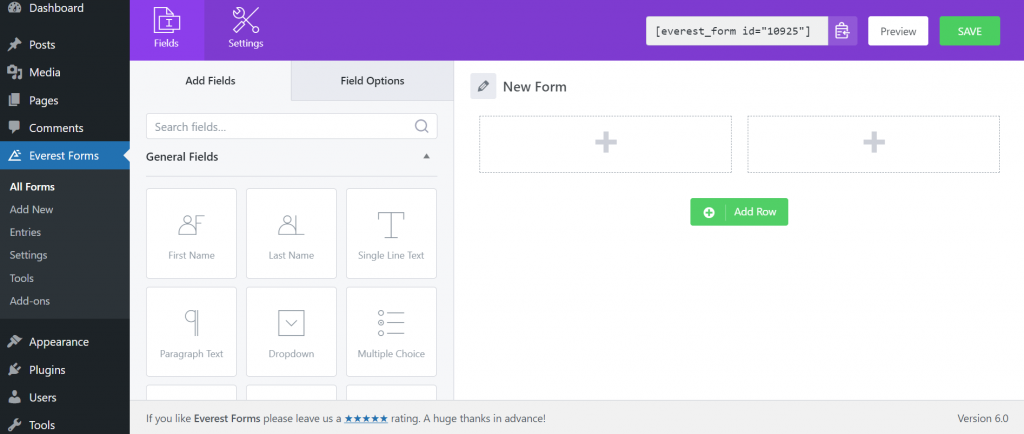 Everest Forms canvas will appear right