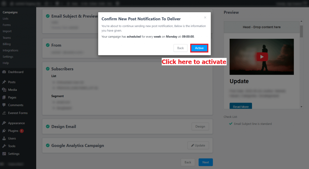 The Activation Process to Launch the New Post Notification Campaign on weMail