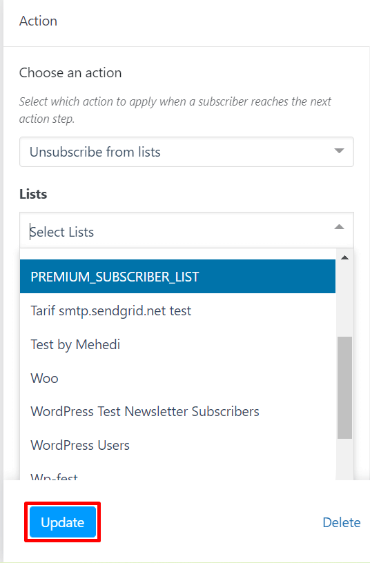 select a list you want to unsubscribe the users
