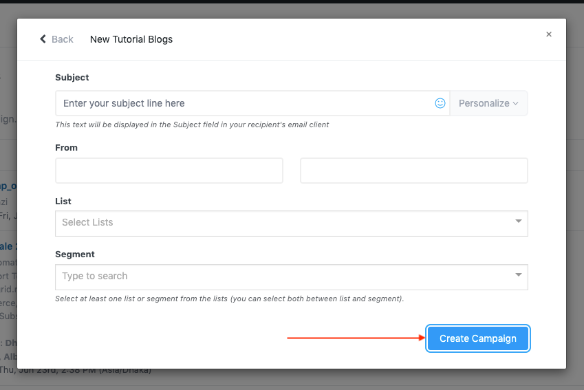 put your subject lines, and options to select email lists and segments