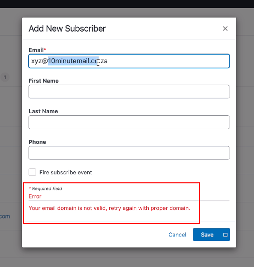 If someone tries to add a subscriber manually, he/she can't do it without a proper email domain.