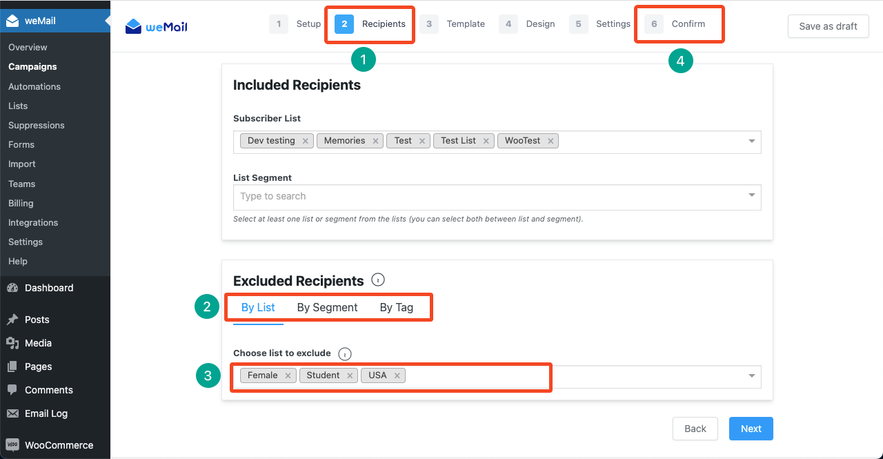 Exclude Recipients by tag, lists