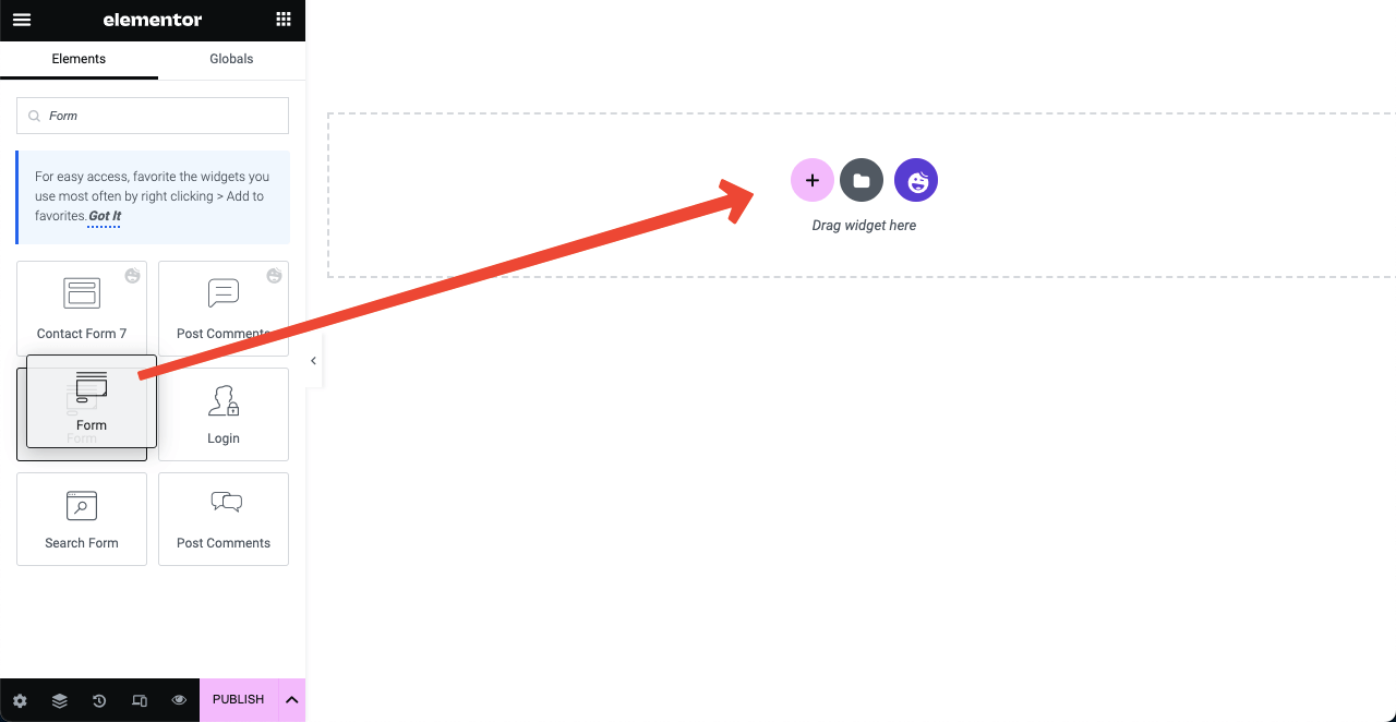 Drag and drop the default Elementor form widget