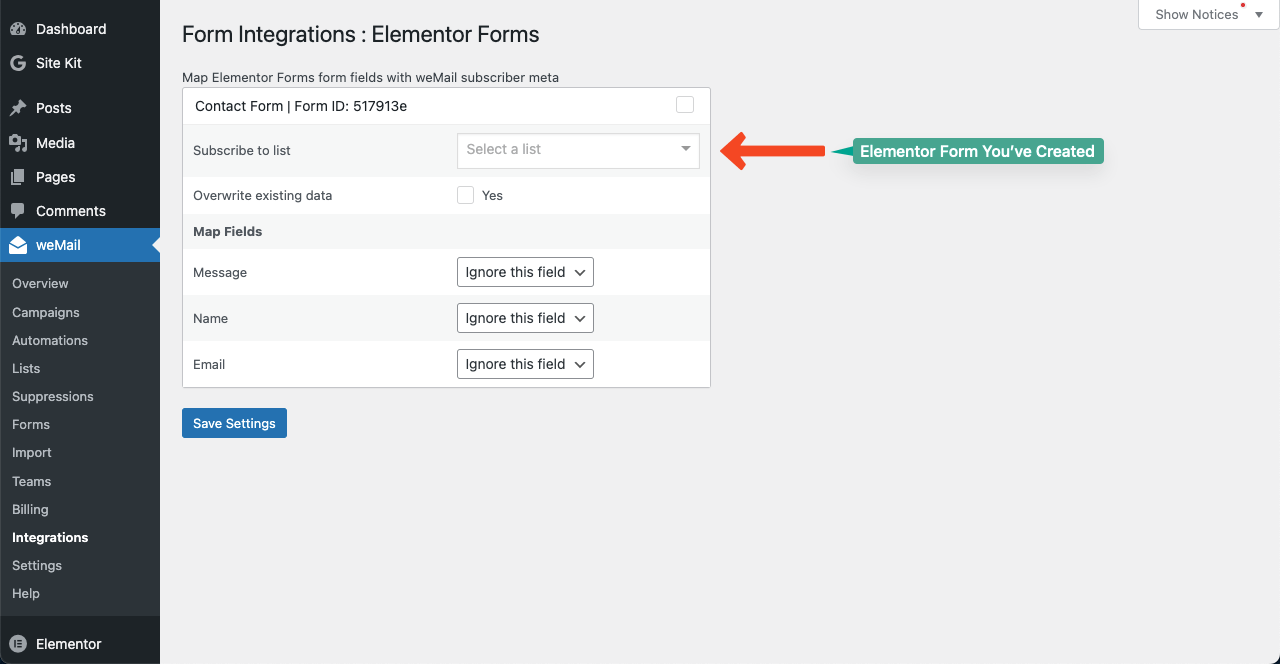 Elementor Form in weMail Integration List