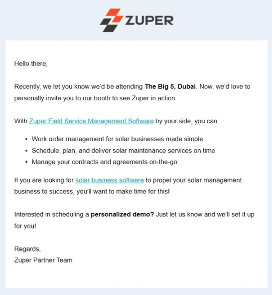 try a demo event email by zuper
