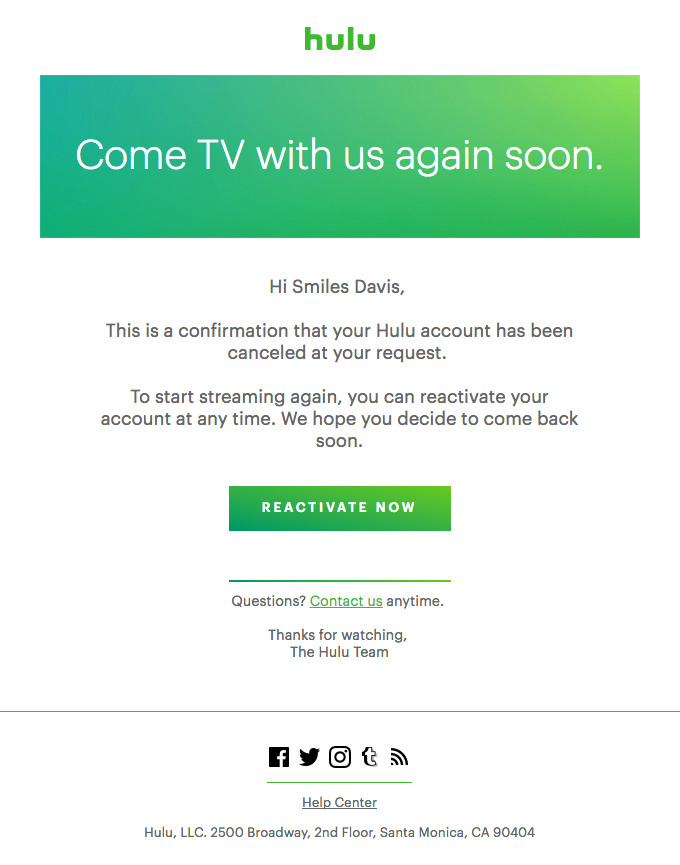 hulu subscription cancelation drip email campaign examples