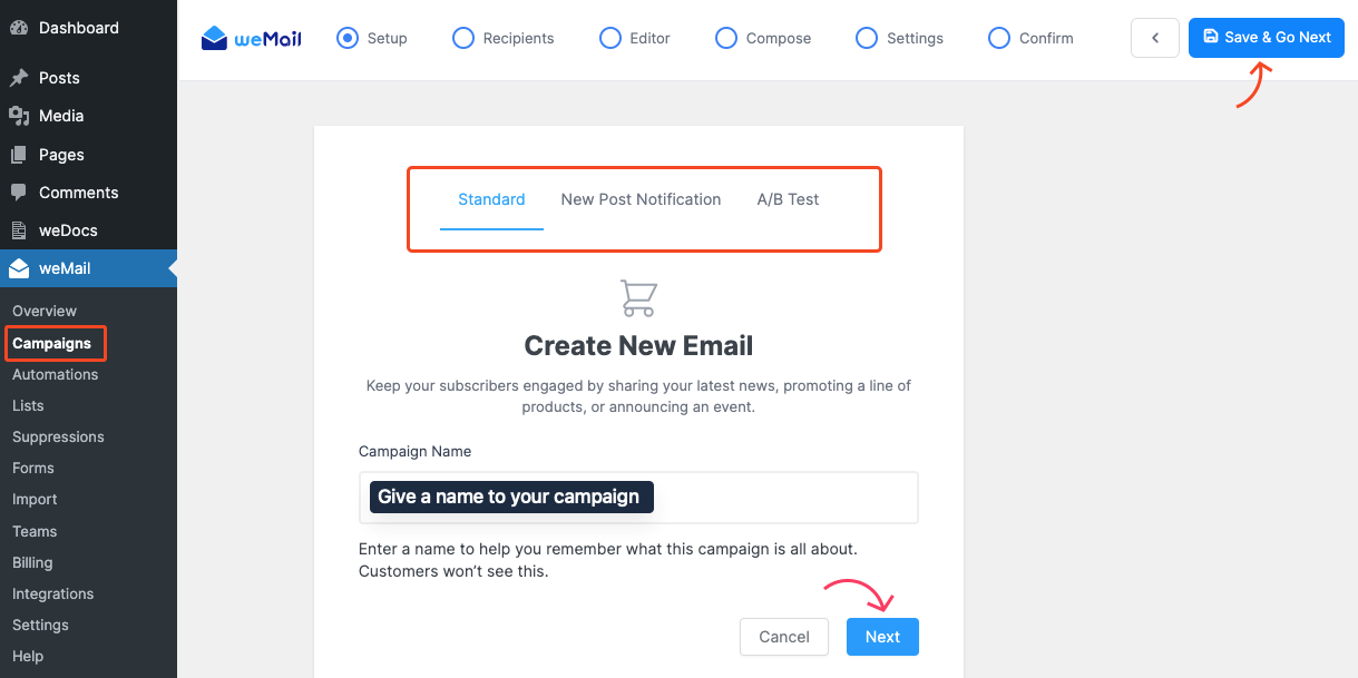 Create a new campaign with weMail