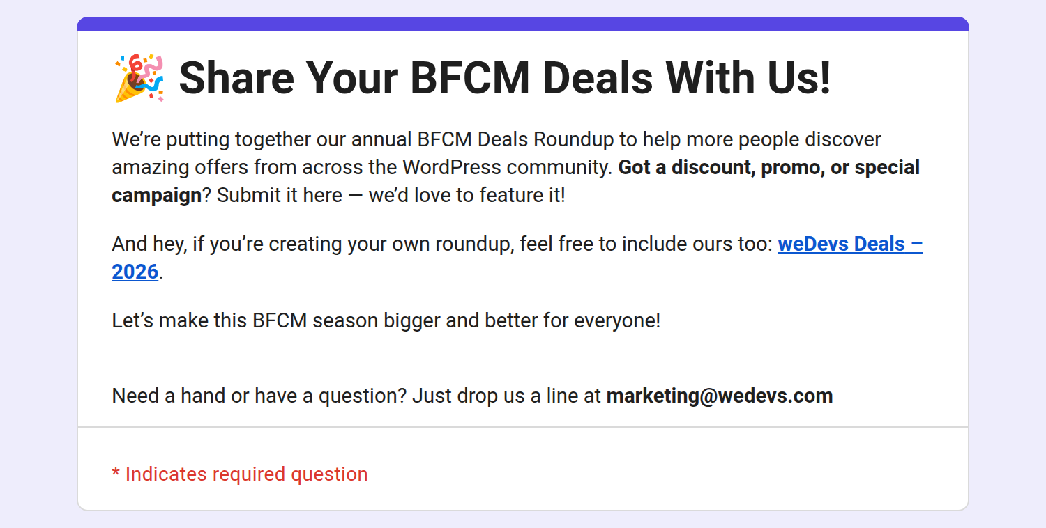 Share your BFCM 2026 deals with weDevs: submission form